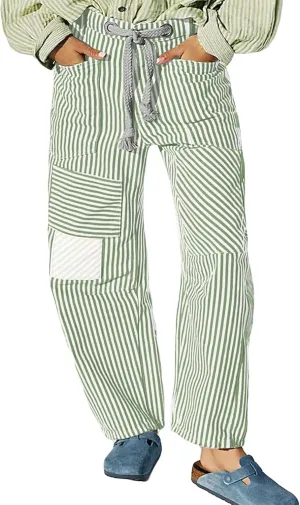 Women Baggy Striped Palazzo Pants Drawstring Patchwork Wide Leg Trousers Loose Elastic Waist Longs with Pockets