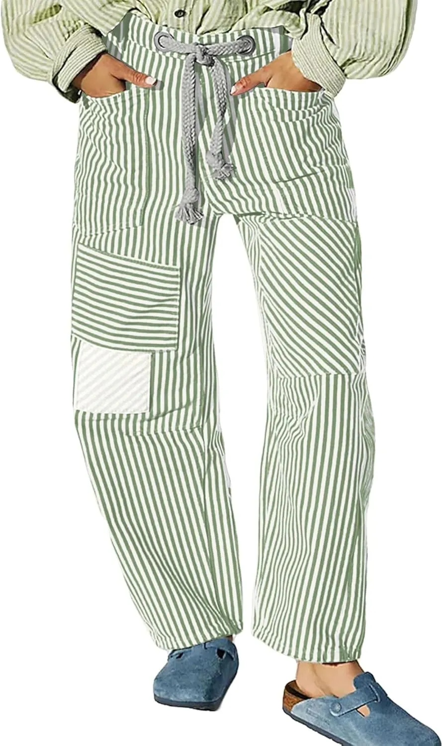 Women Baggy Striped Palazzo Pants Drawstring Patchwork Wide Leg Trousers Loose Elastic Waist Longs with Pockets