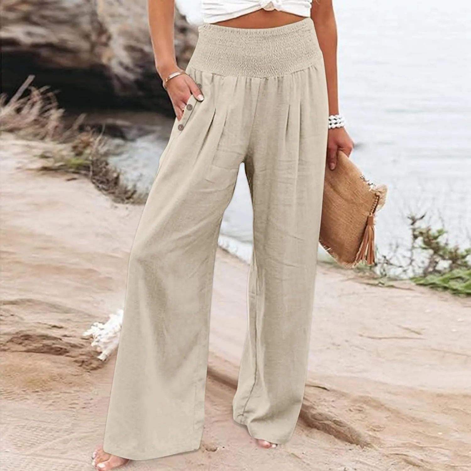 Women Beach Linen Pant Trendy Wide Leg Hawaiian Joggers Boho Flowy Trouser Office Work Relax Fit Palazzo Casual Pants