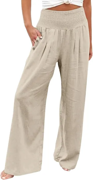 Women Beach Linen Pant Trendy Wide Leg Hawaiian Joggers Boho Flowy Trouser Office Work Relax Fit Palazzo Casual Pants