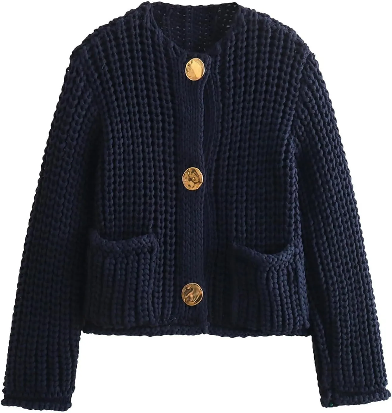 Women Button Down Sweaters Crochet Chunky Knit Long Sleeves Cropped Cardigan Open Front Outwear with Pockets