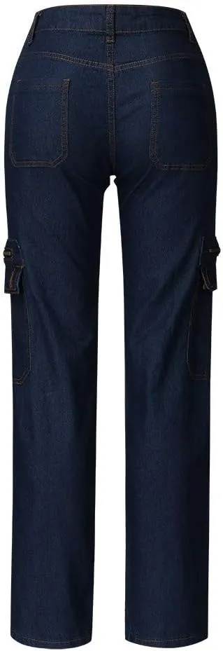 Women Cargo Jeans Street Hip Hop Y2K Multi-Pocket Palazzo Trendy Denim Pant Belt Button Zipper Casual Streetwear Pant