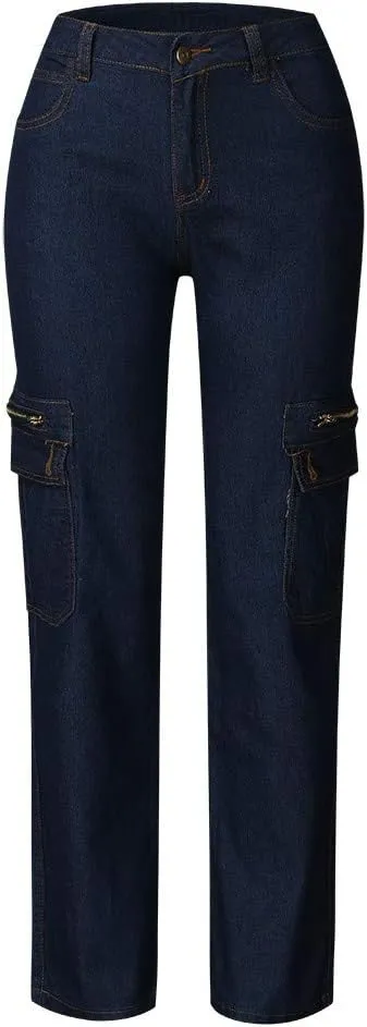 Women Cargo Jeans Street Hip Hop Y2K Multi-Pocket Palazzo Trendy Denim Pant Belt Button Zipper Casual Streetwear Pant