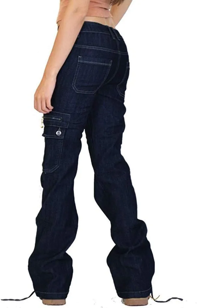 Women Cargo Jeans Street Hip Hop Y2K Multi-Pocket Palazzo Trendy Denim Pant Belt Button Zipper Casual Streetwear Pant