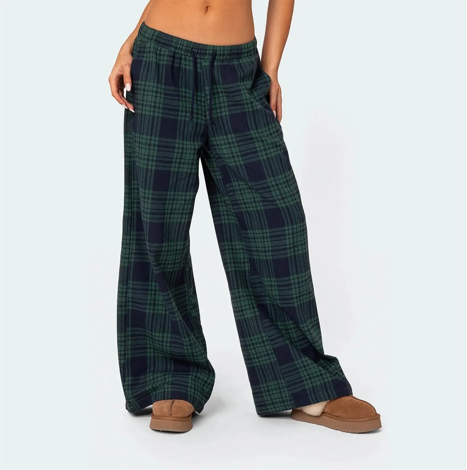 Women Casual Checkered Pants Vintage Loose Fit Gingham Elastic Waist Wide Straight Leg Trousers Y2K Comfy Streetwear