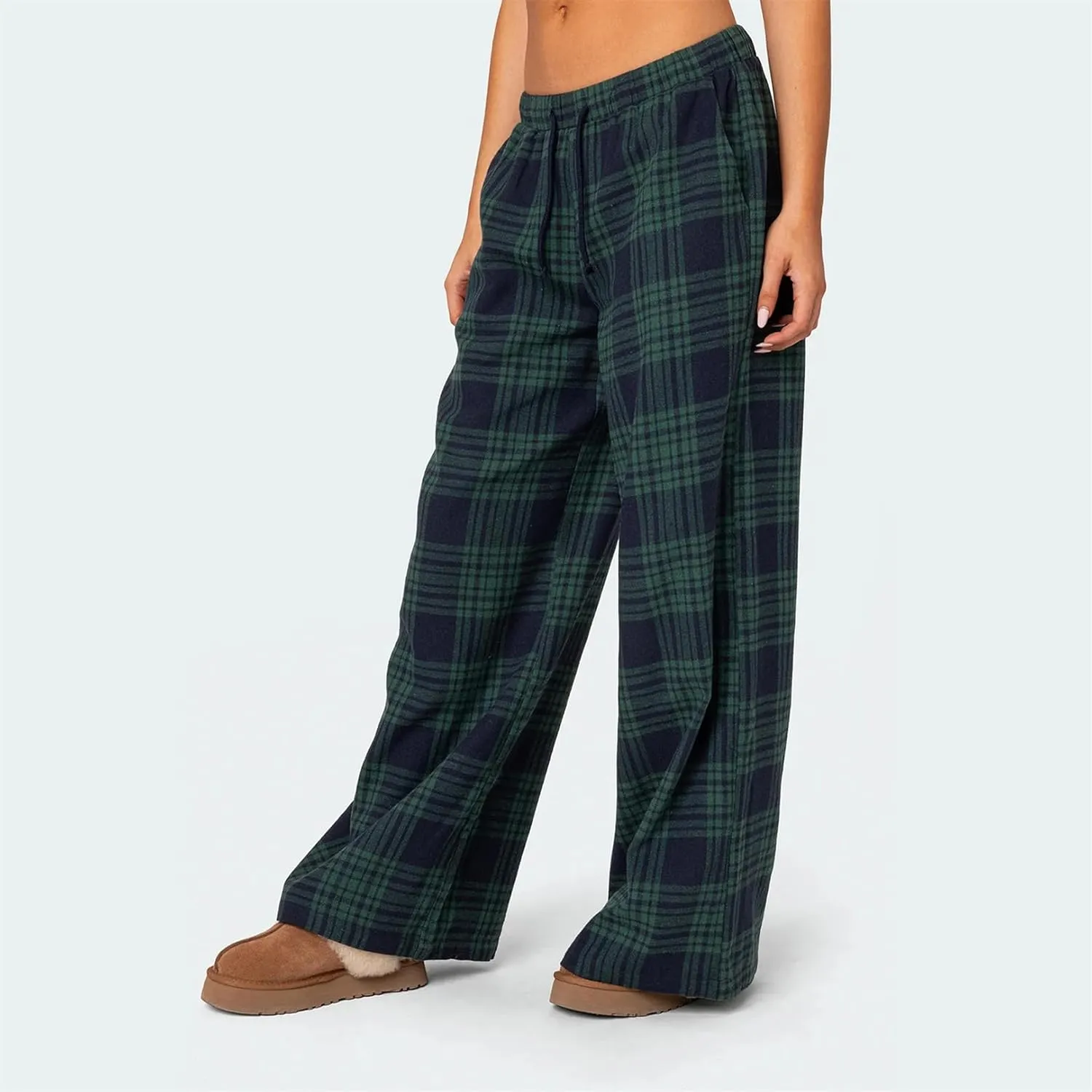 Women Casual Checkered Pants Vintage Loose Fit Gingham Elastic Waist Wide Straight Leg Trousers Y2K Comfy Streetwear