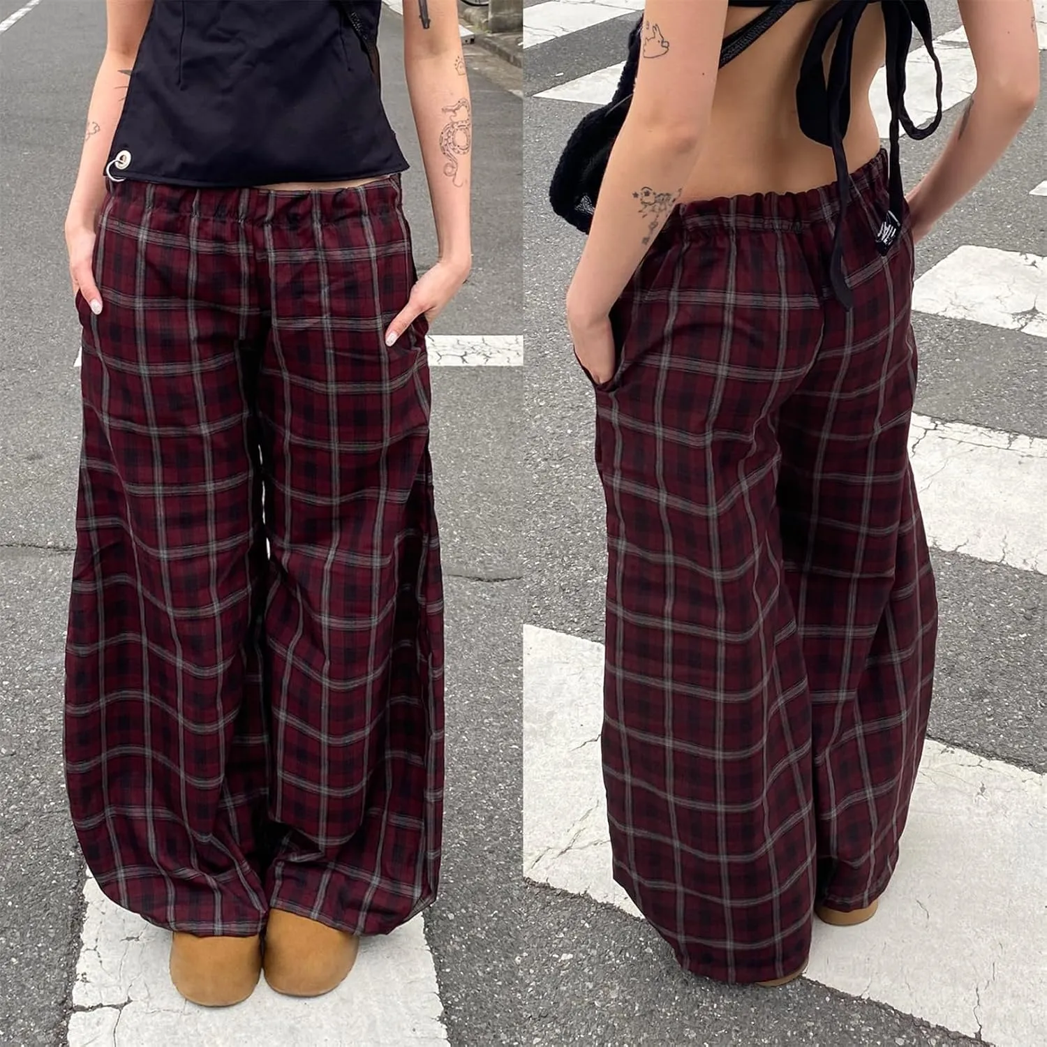 Women Casual Checkered Pants Vintage Loose Fit Gingham Elastic Waist Wide Straight Leg Trousers Y2K Comfy Streetwear