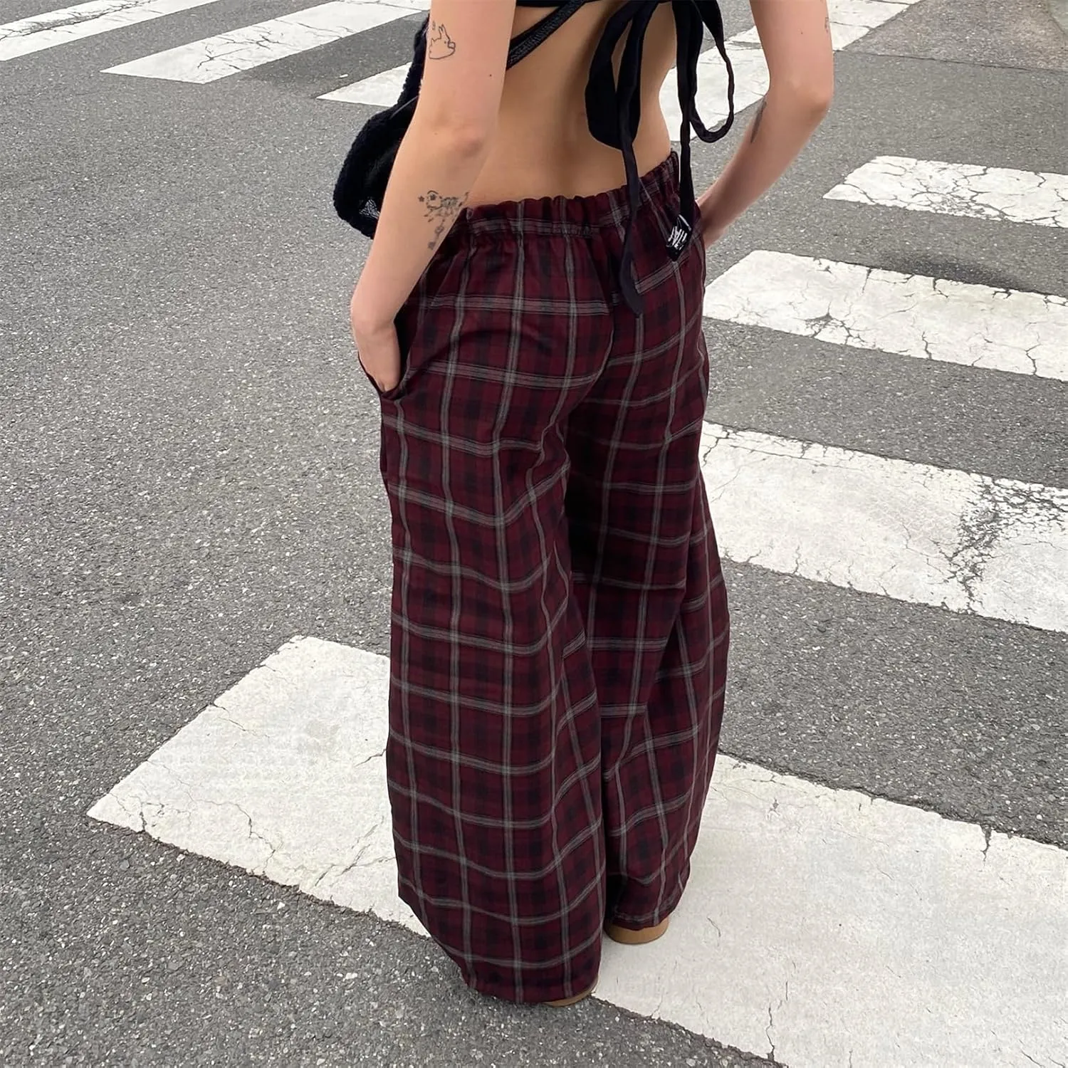 Women Casual Checkered Pants Vintage Loose Fit Gingham Elastic Waist Wide Straight Leg Trousers Y2K Comfy Streetwear
