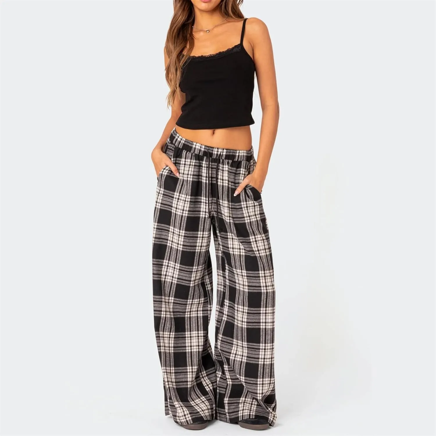 Women Casual Checkered Pants Vintage Loose Fit Gingham Elastic Waist Wide Straight Leg Trousers Y2K Comfy Streetwear