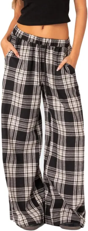 Women Casual Checkered Pants Vintage Loose Fit Gingham Elastic Waist Wide Straight Leg Trousers Y2K Comfy Streetwear
