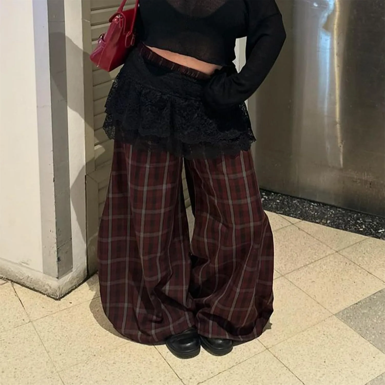 Women Casual Checkered Pants Vintage Loose Fit Gingham Elastic Waist Wide Straight Leg Trousers Y2K Comfy Streetwear