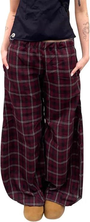 Women Casual Checkered Pants Vintage Loose Fit Gingham Elastic Waist Wide Straight Leg Trousers Y2K Comfy Streetwear