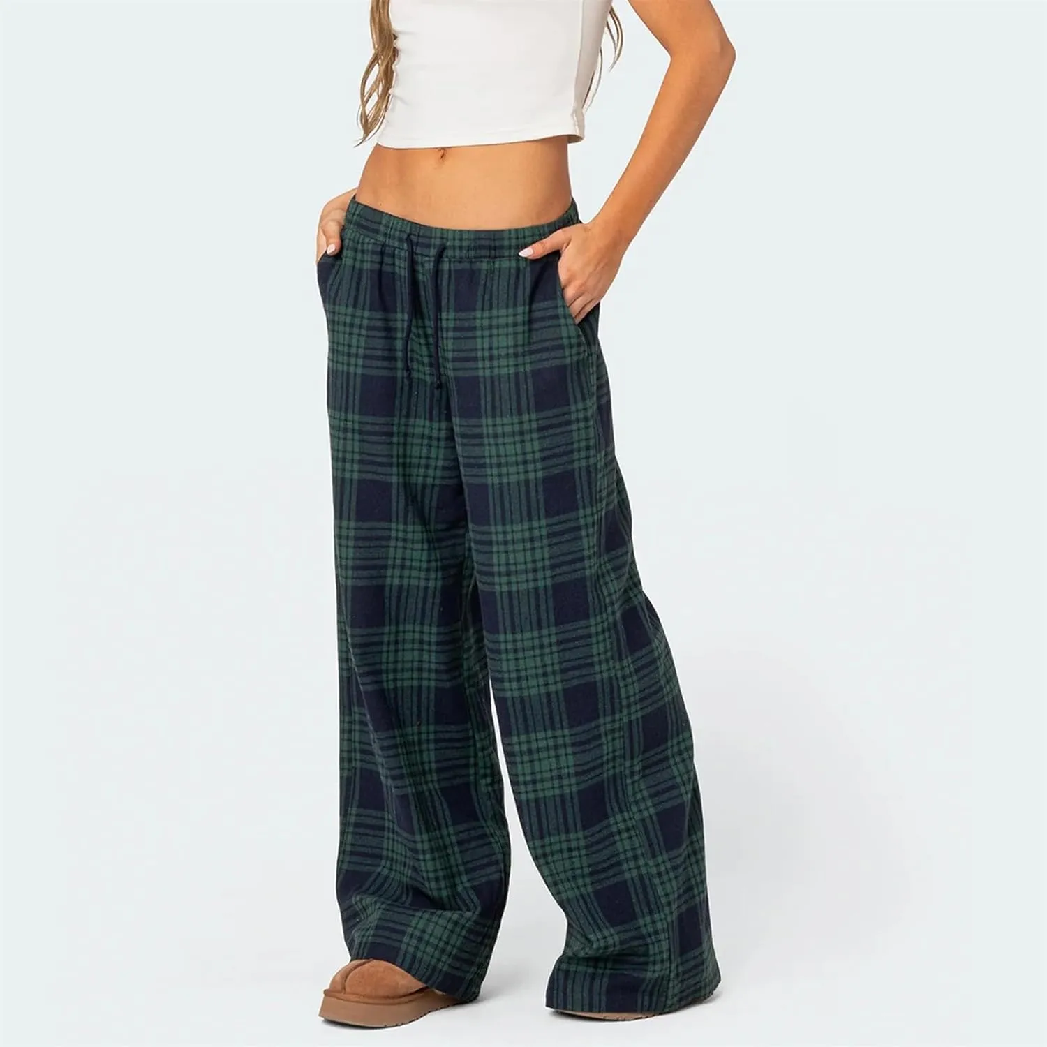 Women Casual Checkered Pants Vintage Loose Fit Gingham Elastic Waist Wide Straight Leg Trousers Y2K Comfy Streetwear
