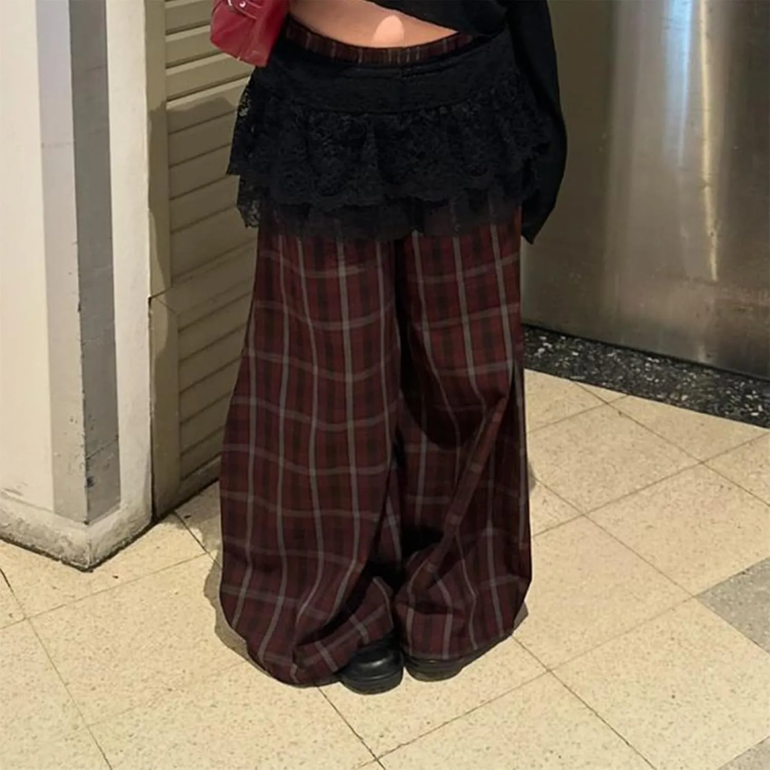 Women Casual Checkered Pants Vintage Loose Fit Gingham Elastic Waist Wide Straight Leg Trousers Y2K Comfy Streetwear