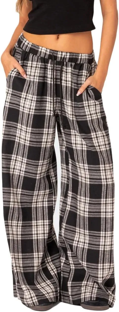 Women Casual Checkered Pants Vintage Loose Fit Gingham Elastic Waist Wide Straight Leg Trousers Y2K Comfy Streetwear