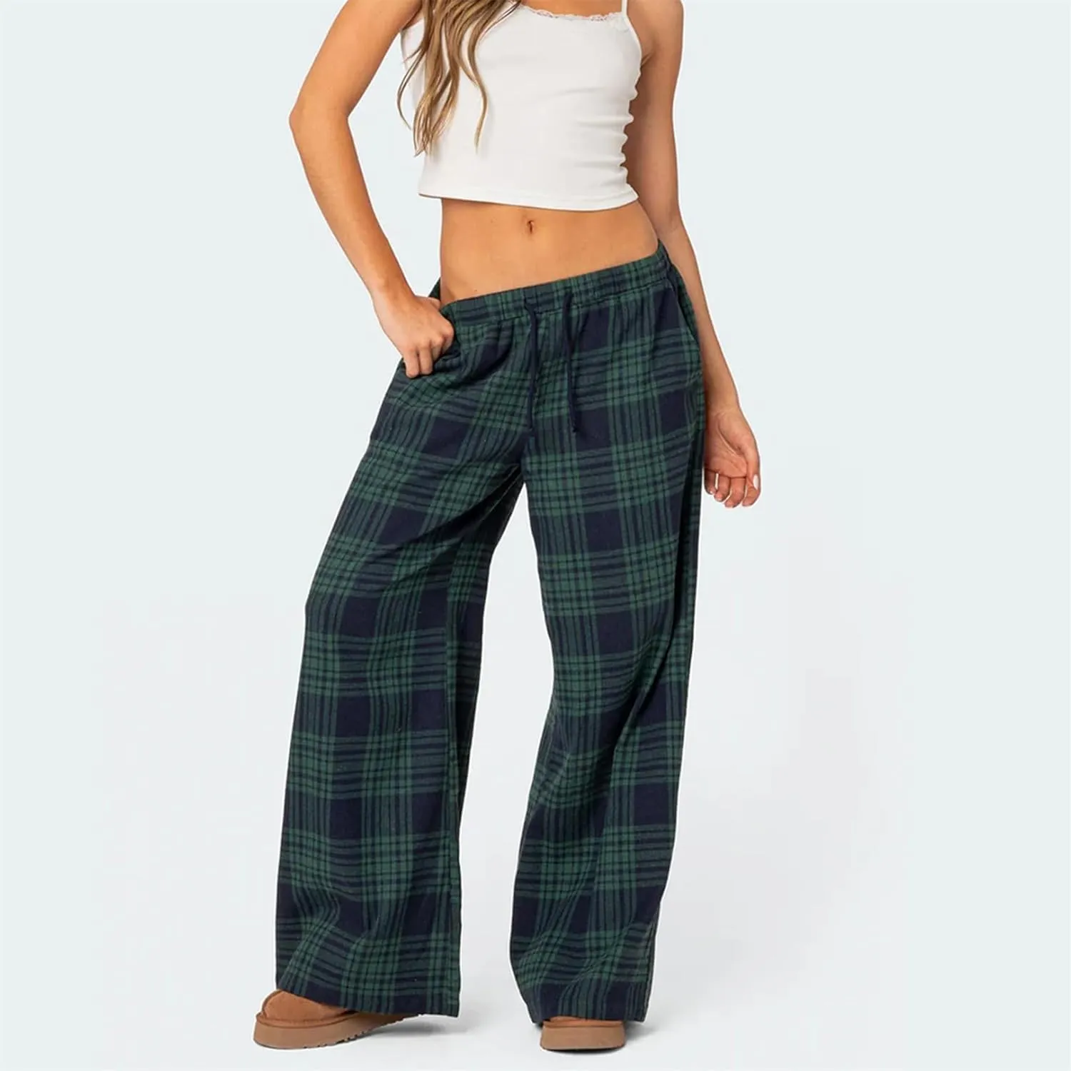Women Casual Checkered Pants Vintage Loose Fit Gingham Elastic Waist Wide Straight Leg Trousers Y2K Comfy Streetwear