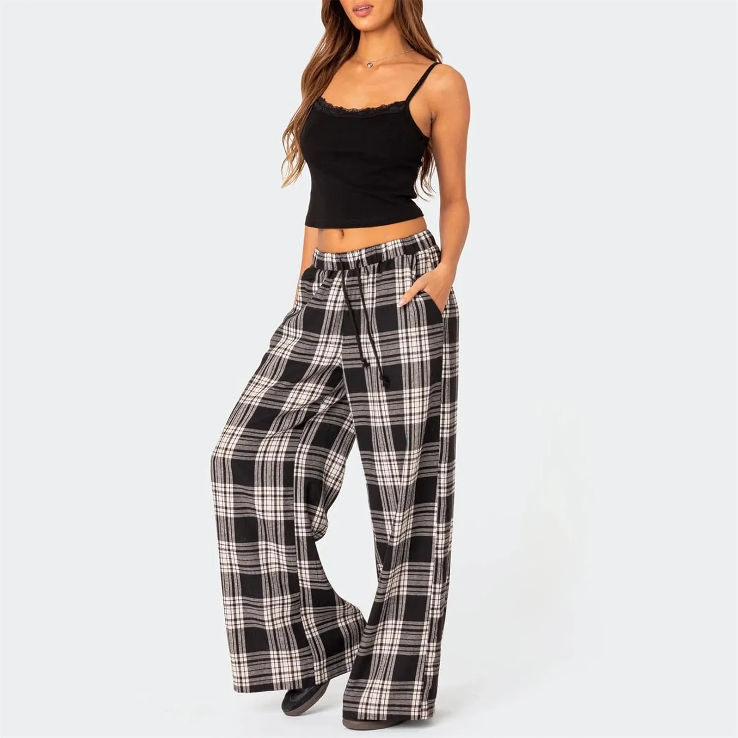 Women Casual Checkered Pants Vintage Loose Fit Gingham Elastic Waist Wide Straight Leg Trousers Y2K Comfy Streetwear