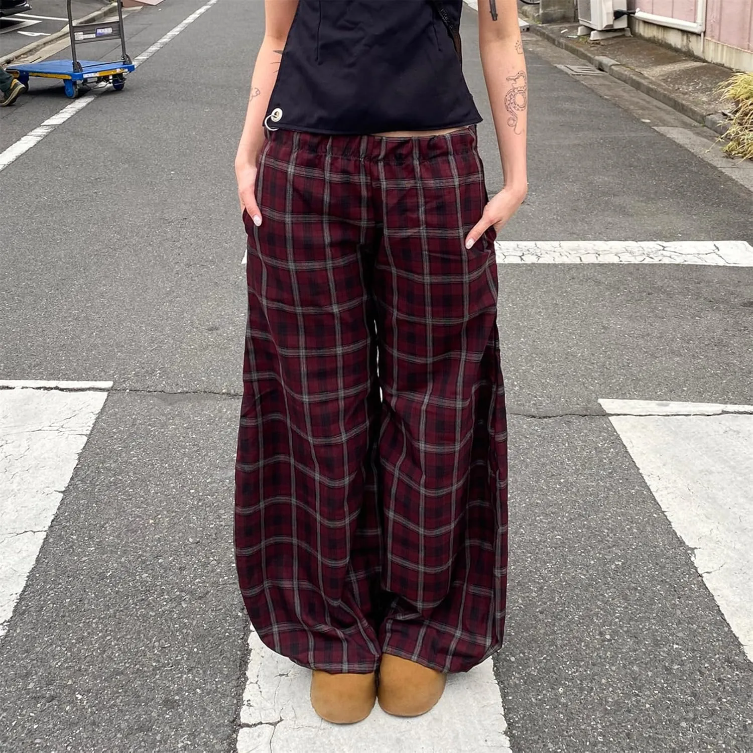 Women Casual Checkered Pants Vintage Loose Fit Gingham Elastic Waist Wide Straight Leg Trousers Y2K Comfy Streetwear