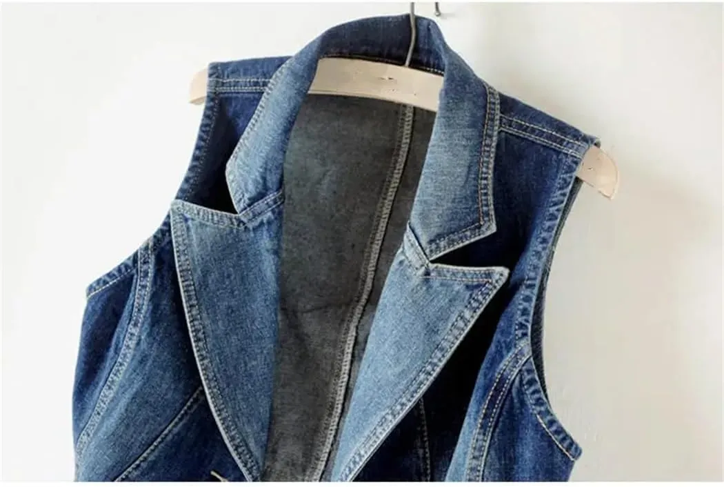 Women Casual Denim Vest Jacket Spring Autumn Sleeveless Short Jeans Waistcoats Single-Breasted Tops