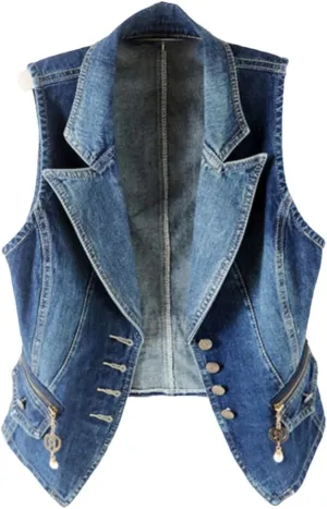 Women Casual Denim Vest Jacket Spring Autumn Sleeveless Short Jeans Waistcoats Single-Breasted Tops