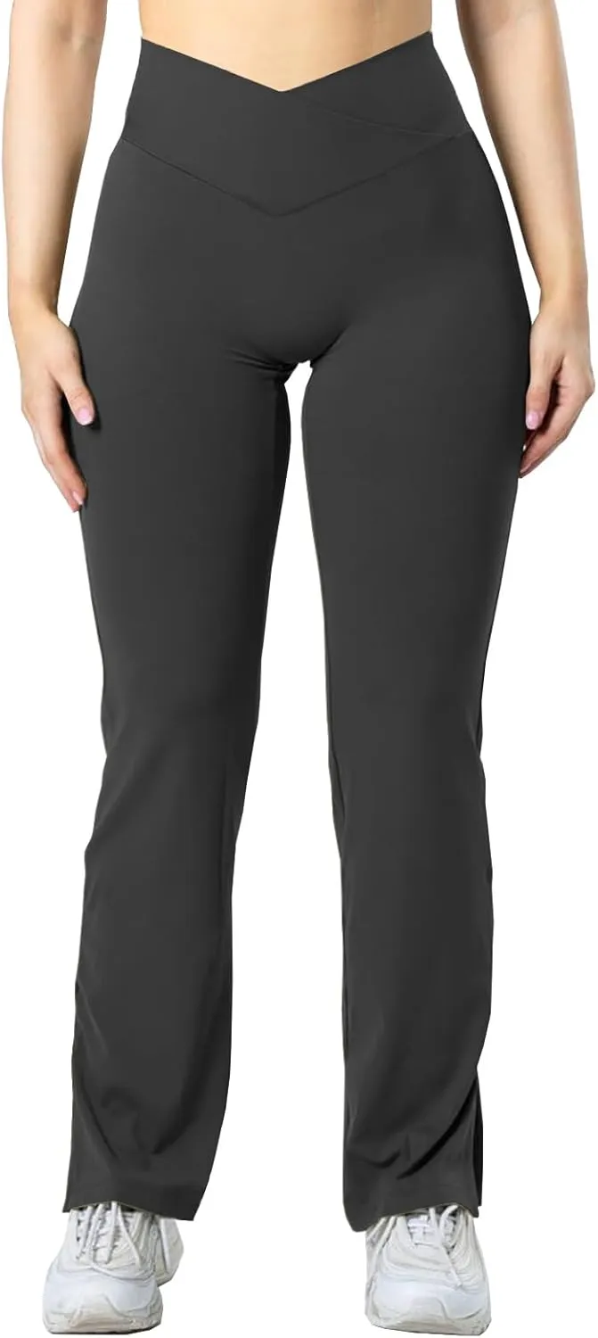 Women Cross Waist Flare Yoga Pants High Waisted Bootcut Wide Leg Workout Leggings