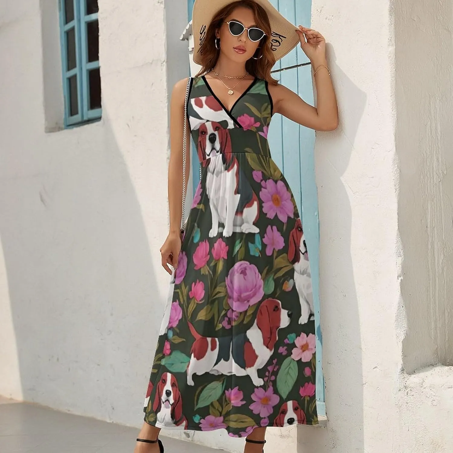 Women Girls V-Neck Sleeveless Flared Midi Dress for Party Holiday Beach