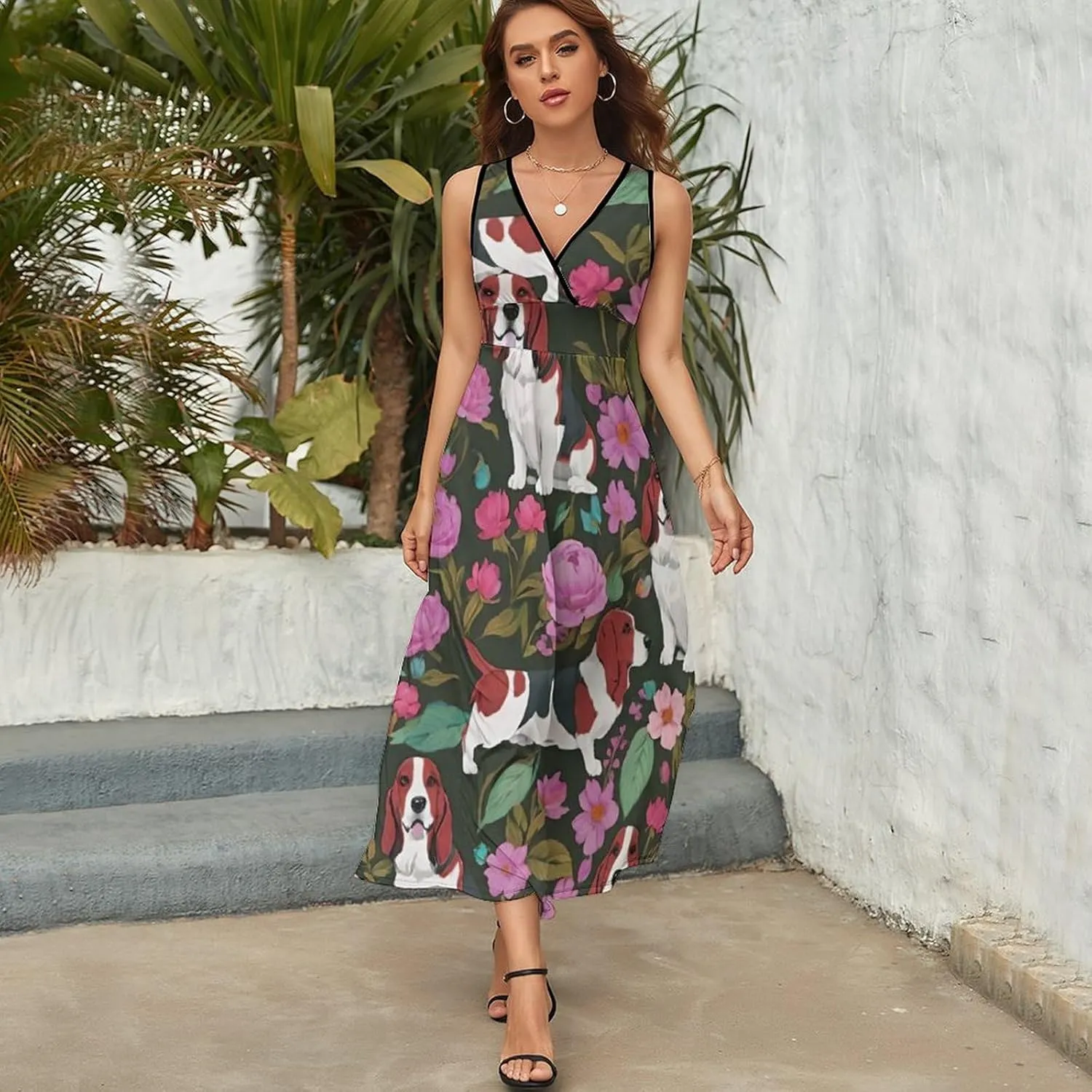 Women Girls V-Neck Sleeveless Flared Midi Dress for Party Holiday Beach