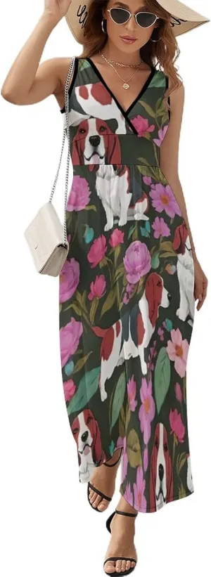Women Girls V-Neck Sleeveless Flared Midi Dress for Party Holiday Beach