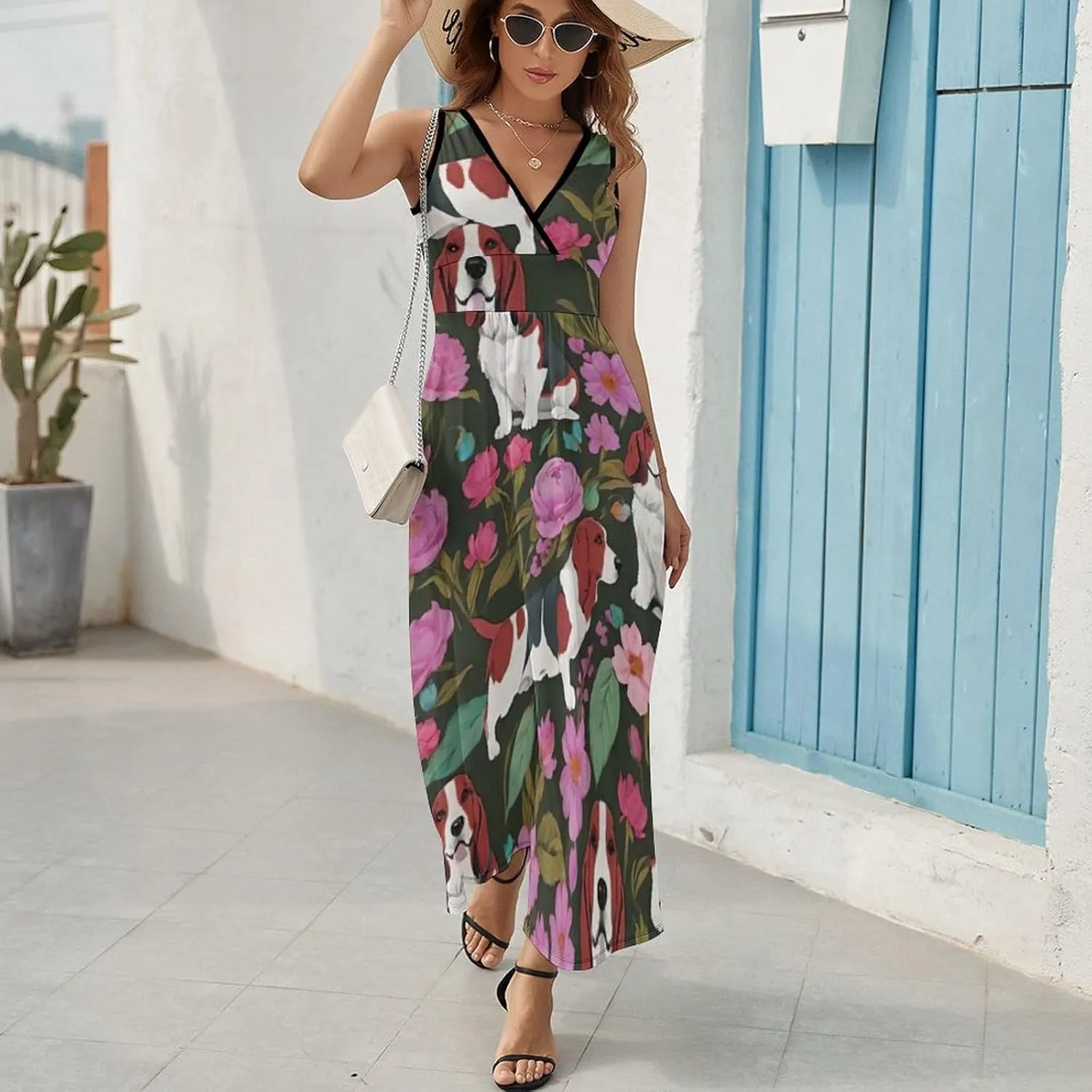 Women Girls V-Neck Sleeveless Flared Midi Dress for Party Holiday Beach