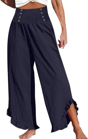 Women High Waisted Linen Palazzo Pants Trendy Pleated Smocked Waist Ruffle Hem Trousers Office Work Dress Casual Pant
