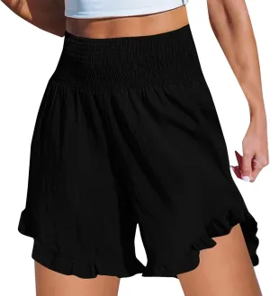 Women High Waisted Ruffle Hem Shorts Stylish Active Activities Loose Fit Casual Wear Pant Beach Boho Flowy Yoga Short