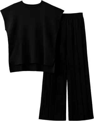 Women Knit 2 Piece Sweater Sets Pullover Tops High Waist Wide Leg Pants Lounge Set