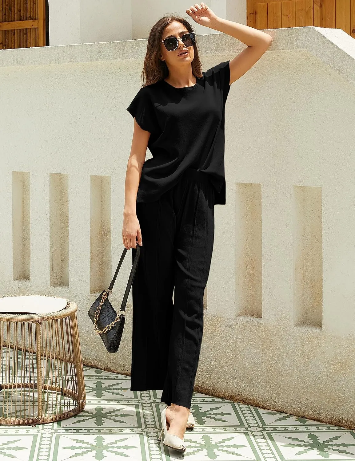 Women Knit 2 Piece Sweater Sets Pullover Tops High Waist Wide Leg Pants Lounge Set