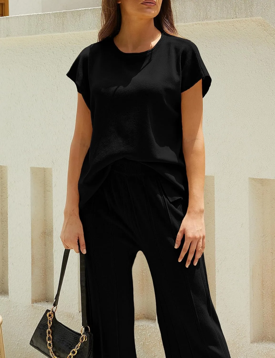 Women Knit 2 Piece Sweater Sets Pullover Tops High Waist Wide Leg Pants Lounge Set
