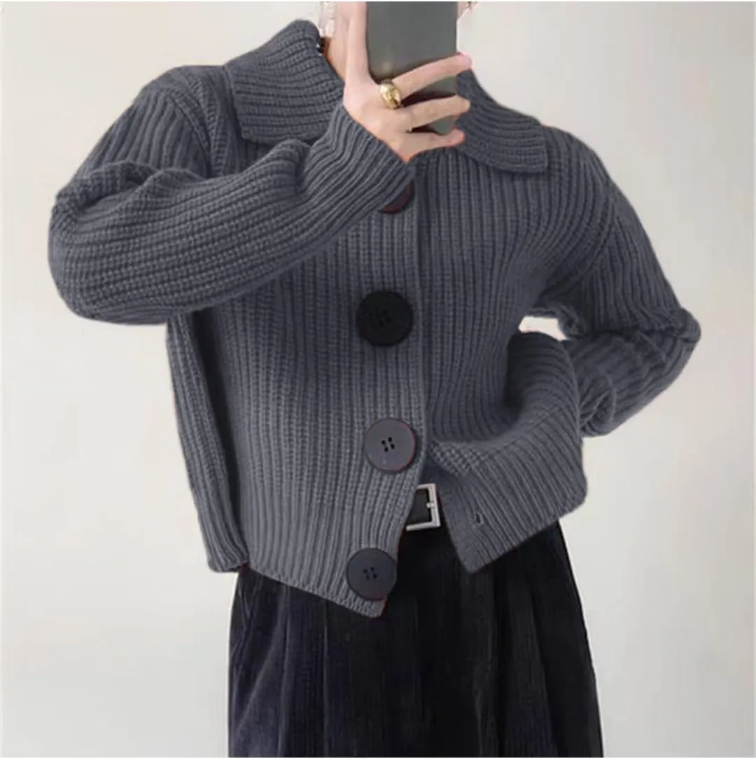 Women Open Front Knit Sweater Long Sleeve Cardigan Sweater Casual Loose Button Lapel Cardigan Coat