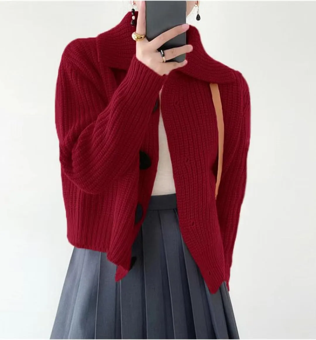 Women Open Front Knit Sweater Long Sleeve Cardigan Sweater Casual Loose Button Lapel Cardigan Coat