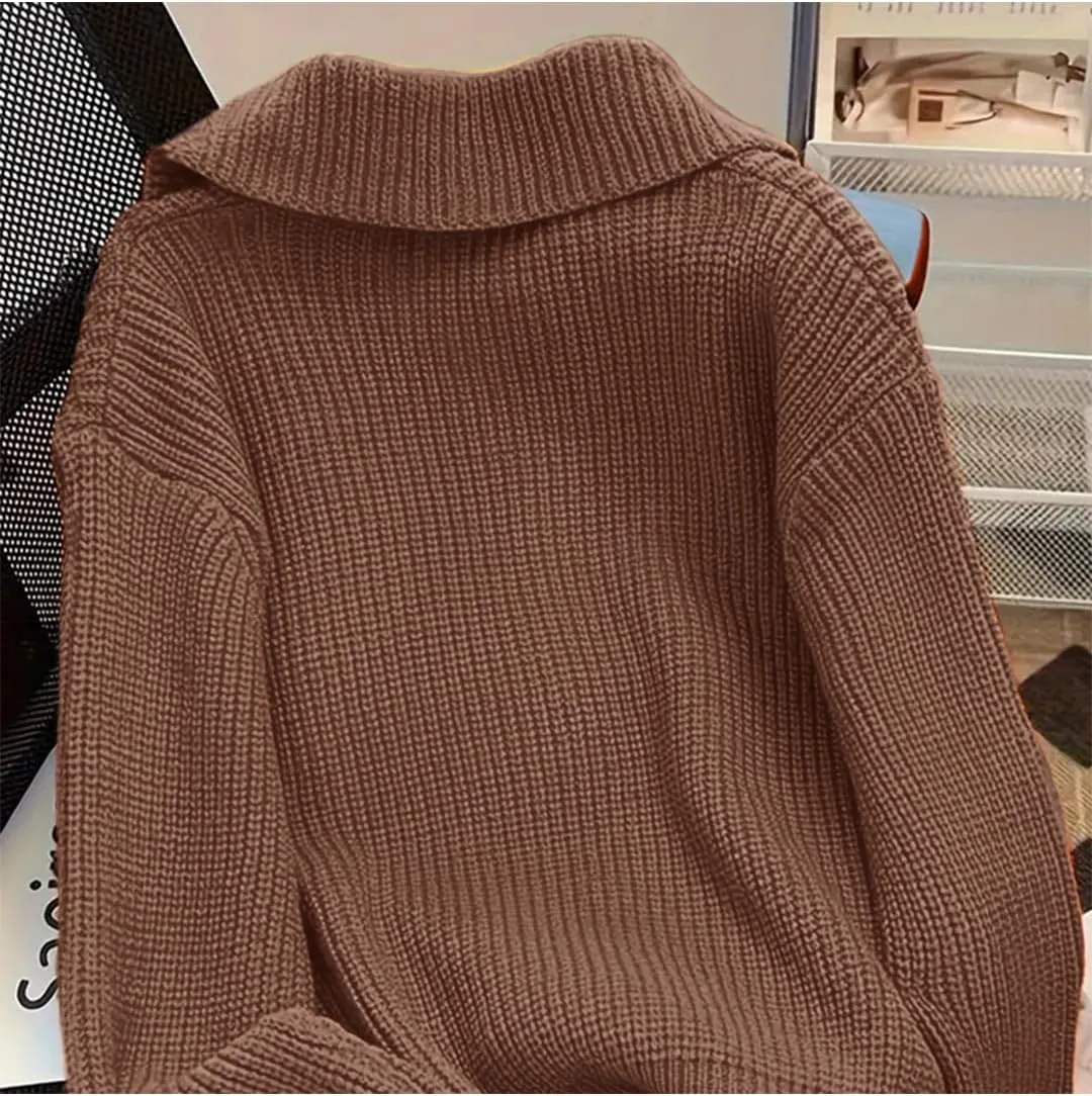 Women Open Front Knit Sweater Long Sleeve Cardigan Sweater Casual Loose Button Lapel Cardigan Coat
