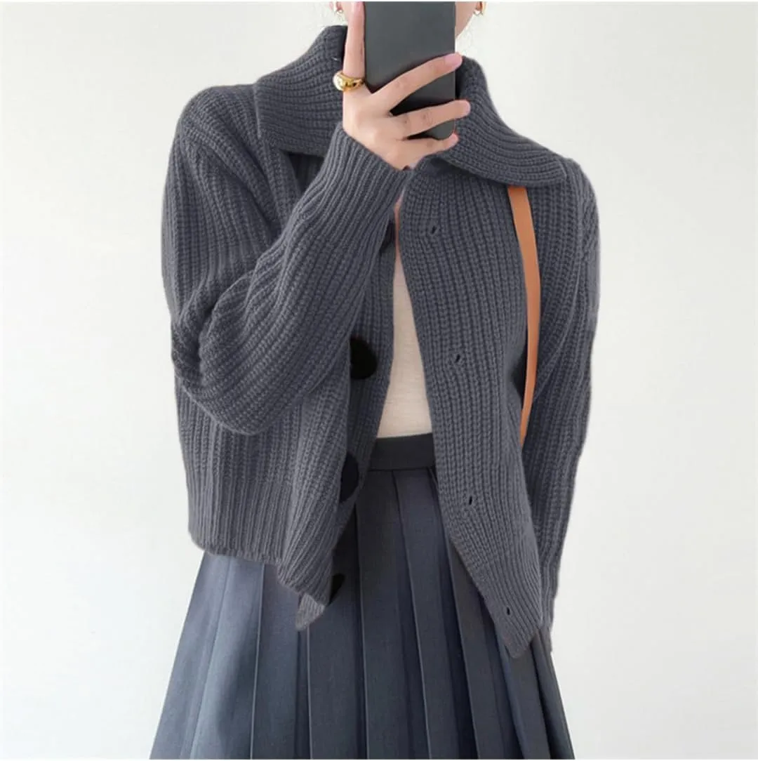 Women Open Front Knit Sweater Long Sleeve Cardigan Sweater Casual Loose Button Lapel Cardigan Coat