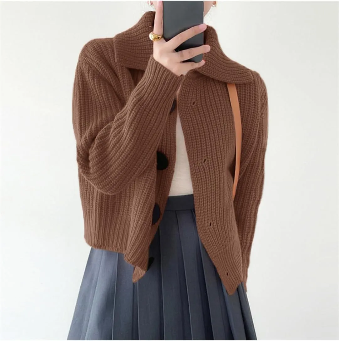 Women Open Front Knit Sweater Long Sleeve Cardigan Sweater Casual Loose Button Lapel Cardigan Coat