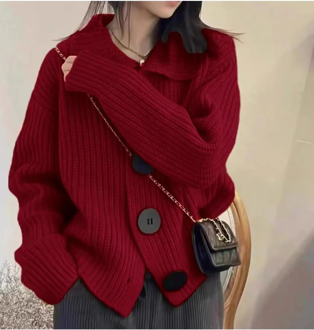 Women Open Front Knit Sweater Long Sleeve Cardigan Sweater Casual Loose Button Lapel Cardigan Coat