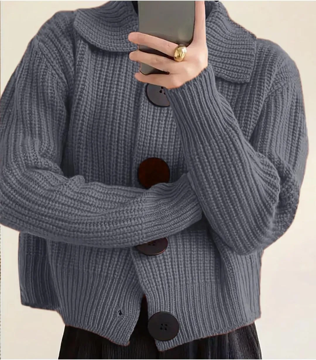 Women Open Front Knit Sweater Long Sleeve Cardigan Sweater Casual Loose Button Lapel Cardigan Coat