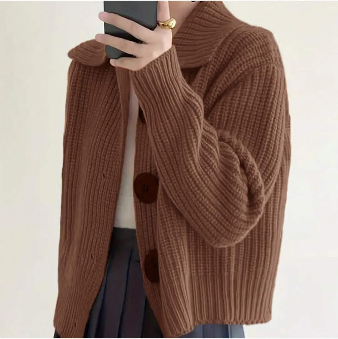 Women Open Front Knit Sweater Long Sleeve Cardigan Sweater Casual Loose Button Lapel Cardigan Coat