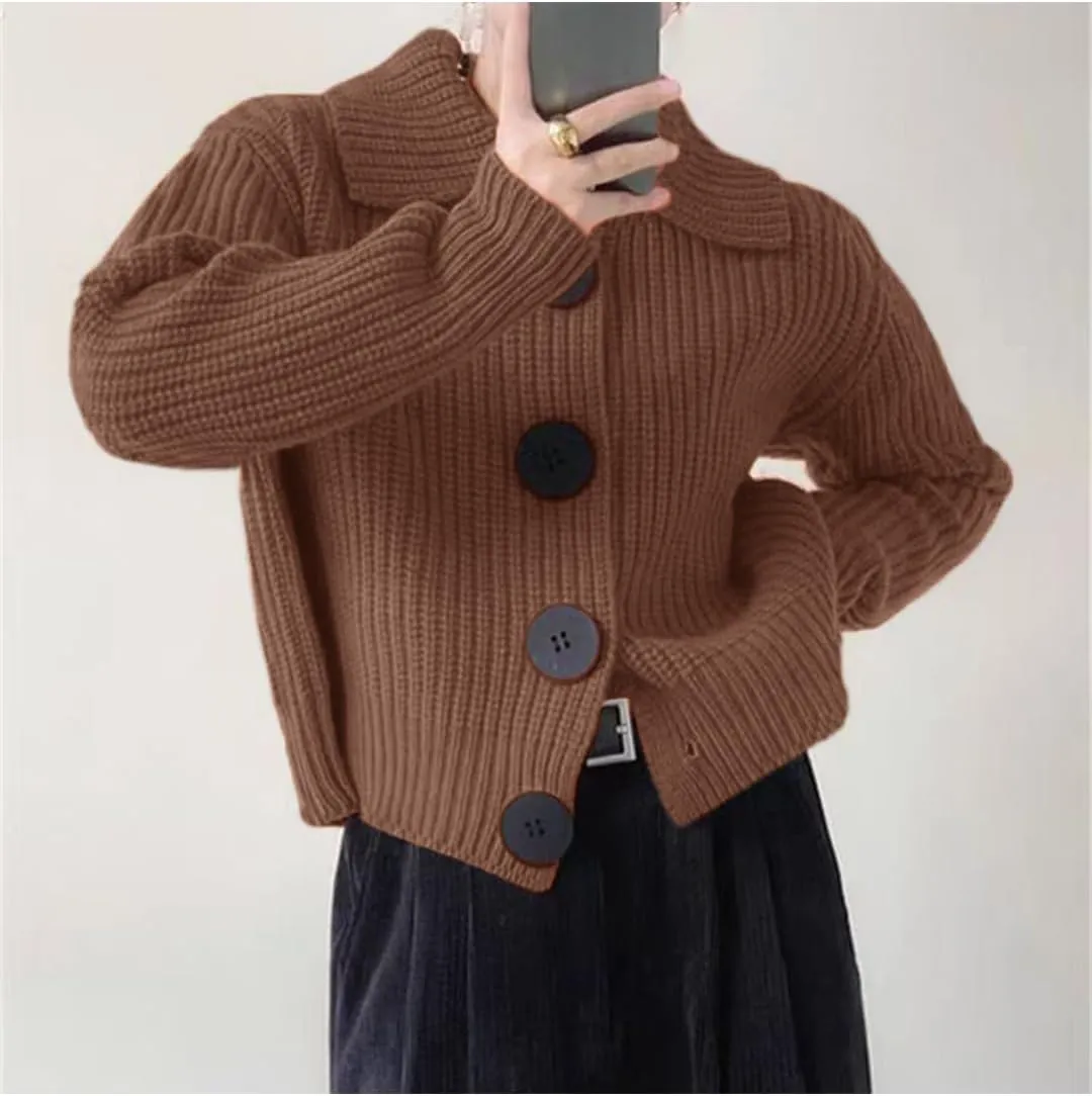 Women Open Front Knit Sweater Long Sleeve Cardigan Sweater Casual Loose Button Lapel Cardigan Coat