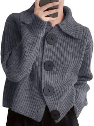 Women Open Front Knit Sweater Long Sleeve Cardigan Sweater Casual Loose Button Lapel Cardigan Coat