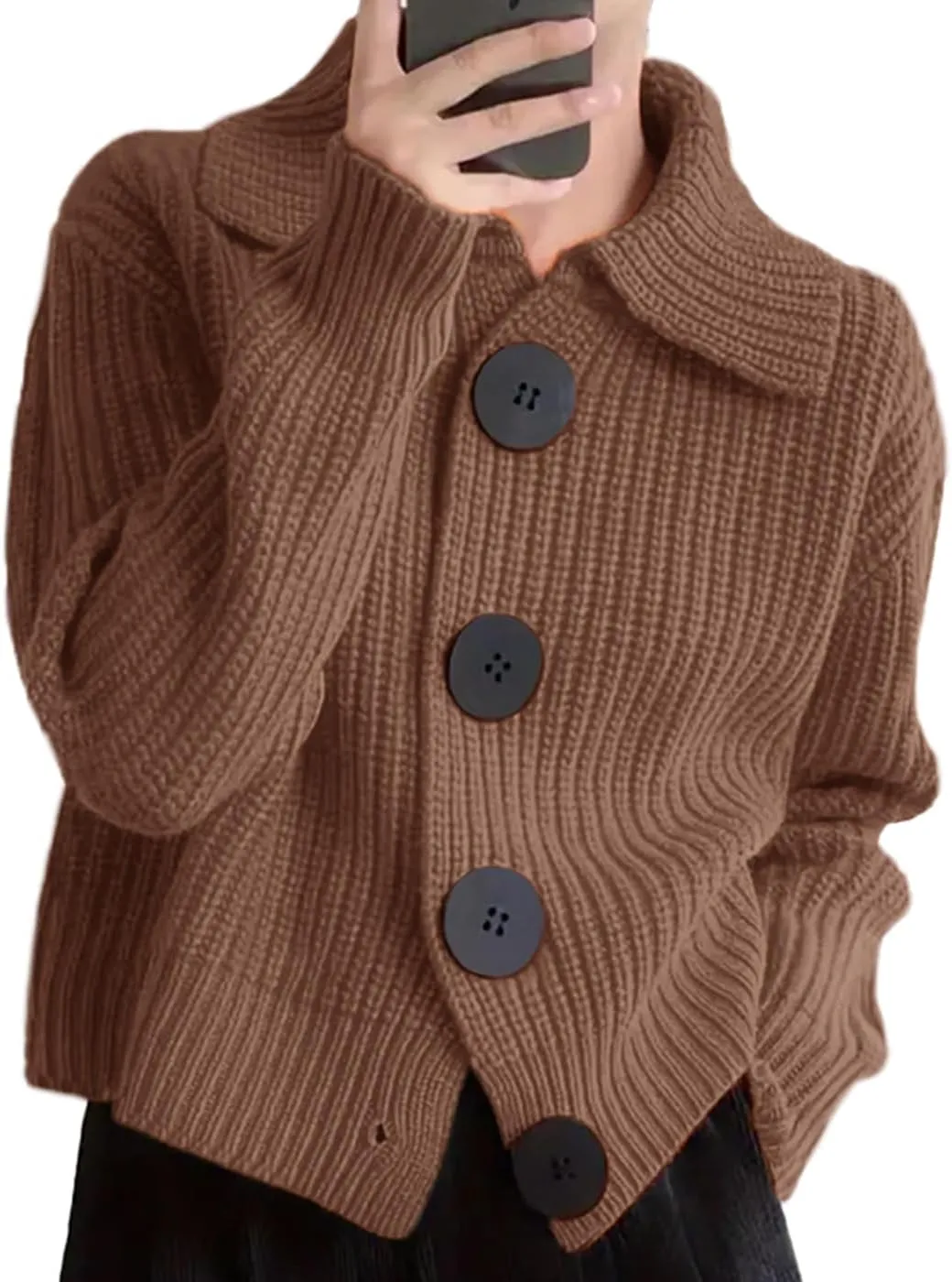 Women Open Front Knit Sweater Long Sleeve Cardigan Sweater Casual Loose Button Lapel Cardigan Coat