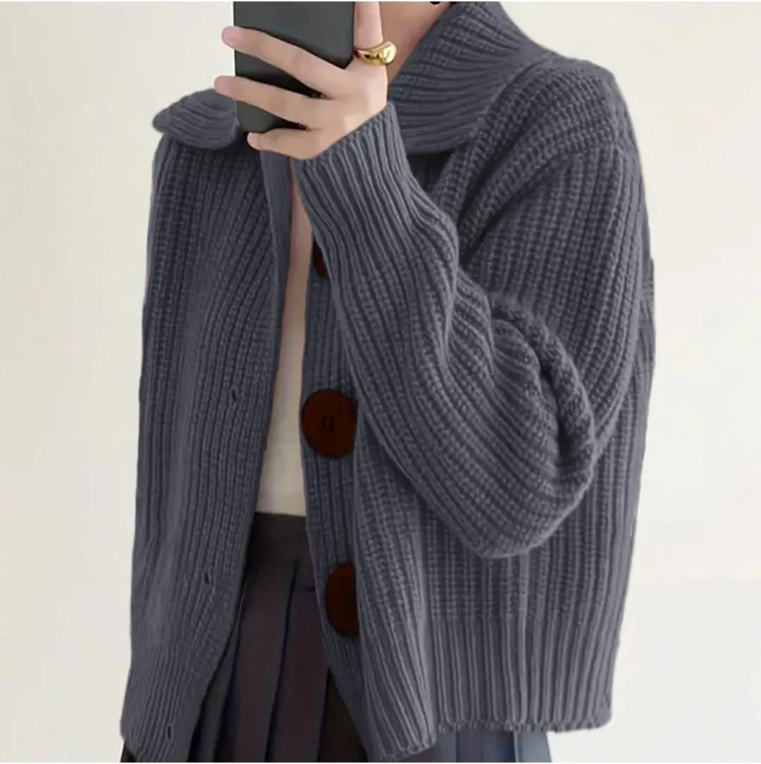 Women Open Front Knit Sweater Long Sleeve Cardigan Sweater Casual Loose Button Lapel Cardigan Coat