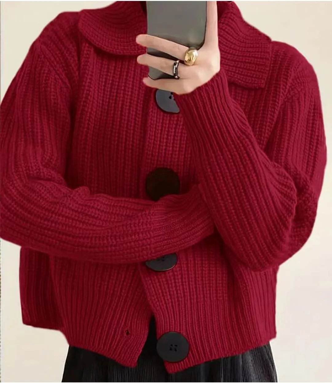 Women Open Front Knit Sweater Long Sleeve Cardigan Sweater Casual Loose Button Lapel Cardigan Coat