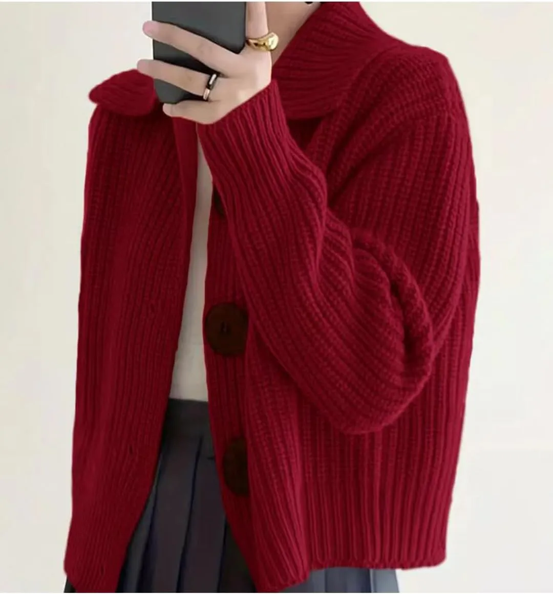 Women Open Front Knit Sweater Long Sleeve Cardigan Sweater Casual Loose Button Lapel Cardigan Coat