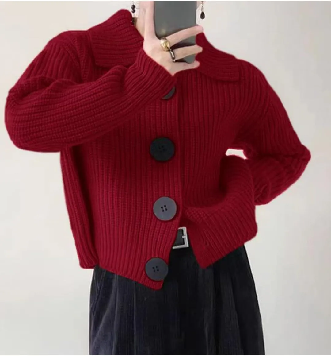 Women Open Front Knit Sweater Long Sleeve Cardigan Sweater Casual Loose Button Lapel Cardigan Coat