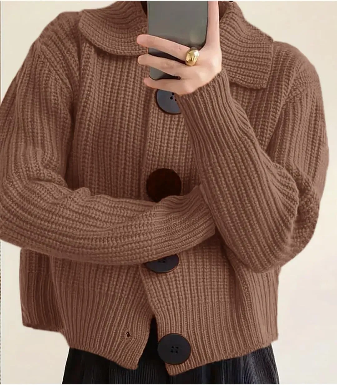 Women Open Front Knit Sweater Long Sleeve Cardigan Sweater Casual Loose Button Lapel Cardigan Coat